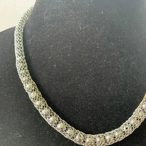 Hematite 8 mm beads in silver metal mesh, necklace with magnetic clasp stainless